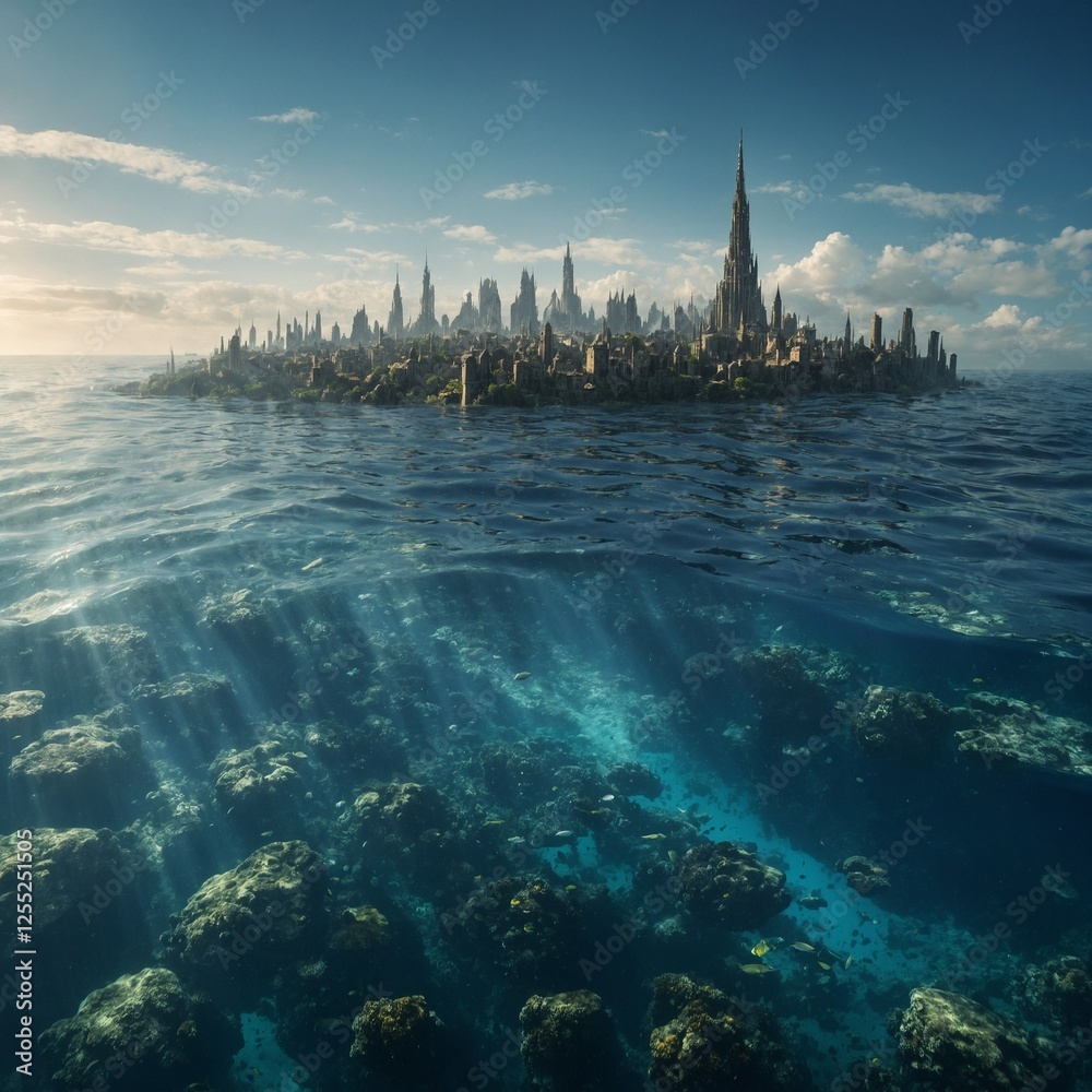 Fototapeta premium A legendary city submerged beneath the ocean, where its towers still gleam in the sunlight.