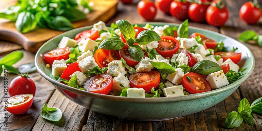Sun-drenched Mediterranean salad bursts with feta, juicy tomatoes, and vibrant herbs. Sun-drenched Mediterranean salad bursts with feta, juicy tomatoes, and vibrant herbs.