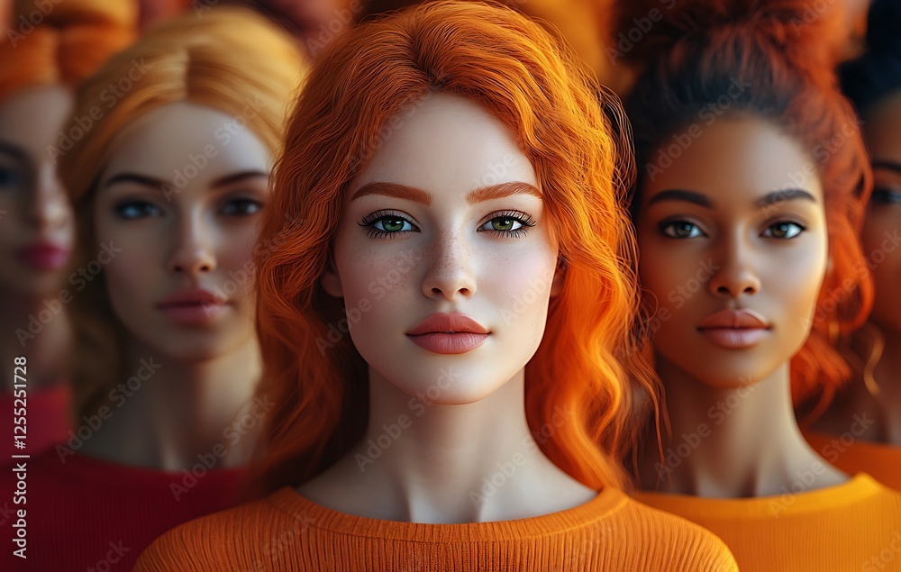 Group of Figures in Vibrant Orange Attire with Colorful Stylized Hair in Various Styles Group of Figures in Vibrant Orange Attire with Colorful Stylized Hair in Various Styles