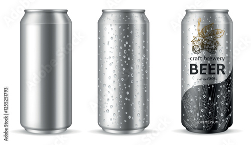 Tin can beer water drops. Realistic metal blank can for cold beverages, 500 ml packaging with water drops. Marketing branding mockup. Isolated elements for lemonade. Vector 3d concept