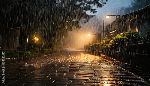 Evening rain falls heavily on a quiet cobblestone street illuminated by soft lights