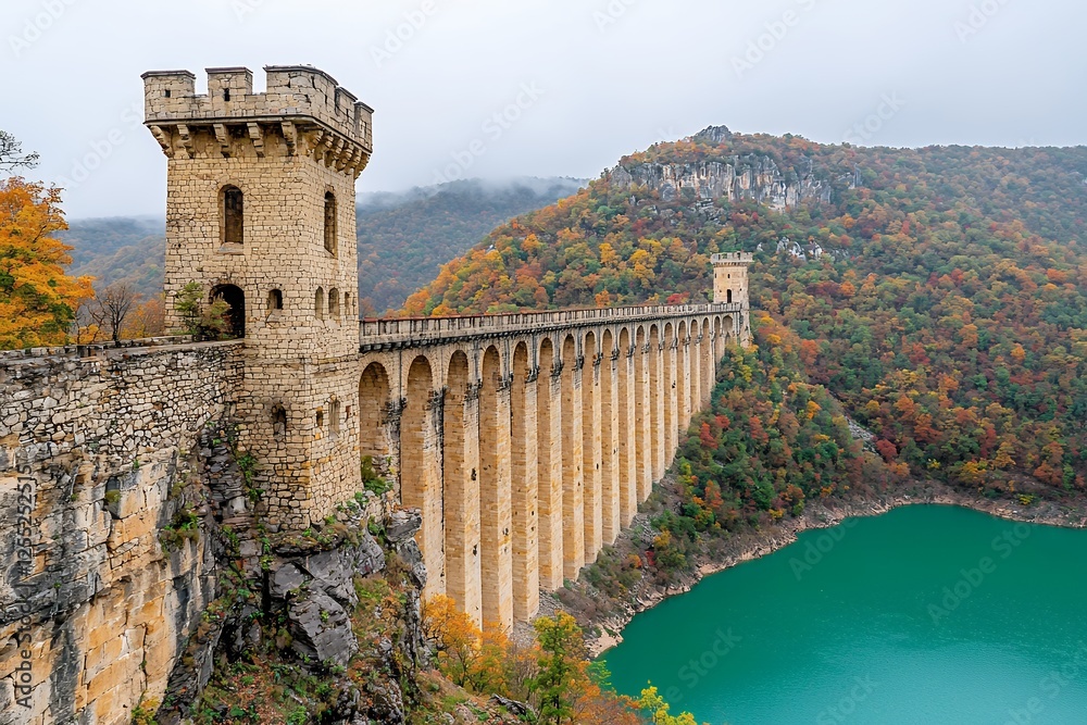 Obraz premium Historical stone aqueduct bridge over turquoise water in nature