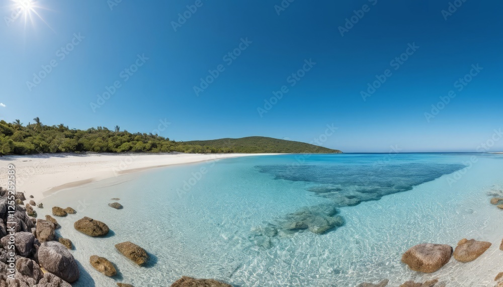 Panoramic view of a pristine beach with crystal-clear waters, inviting relaxation and leisure, perfect for travel marketing and tourism promotions. Panoramic view of a pristine beach with crystal-clear waters, inviting relaxation and leisure, perfect for travel marketing and tourism promotions.