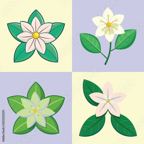 Set of decorative jasmine flower illustrations in pastel - A collection of four digitally illustrated jasmine flowers with white petals and green leaves, arranged in a square grid.
