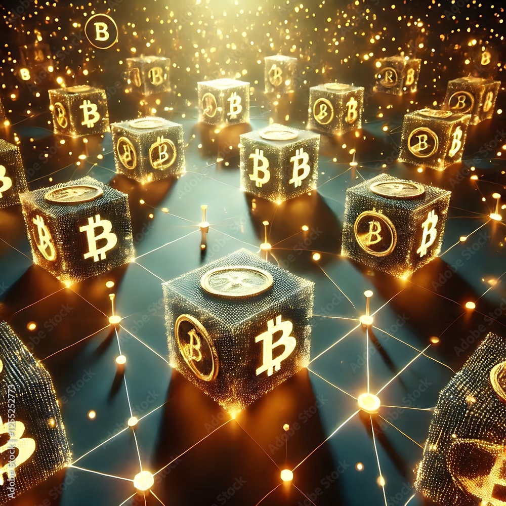 Fototapeta premium Glowing Blockchain Network with Cryptocurrency Coins
