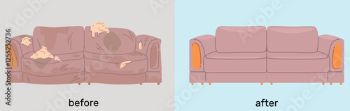 Sofa cleaning and reupholstering. Before or after furniture. Dirty broken couch with stains, protruding springs and filler. Repairing service. Cartoon flat style isolated vector concept