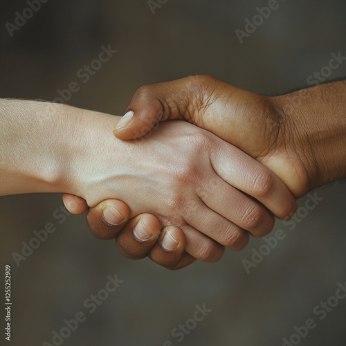 Hands exchanging a firm handshake representing unity and collaboration between diverse individuals in a neutral setting. Generative AI photo