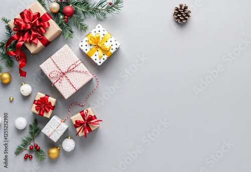 christmas gifts presents with decorations on a grey background