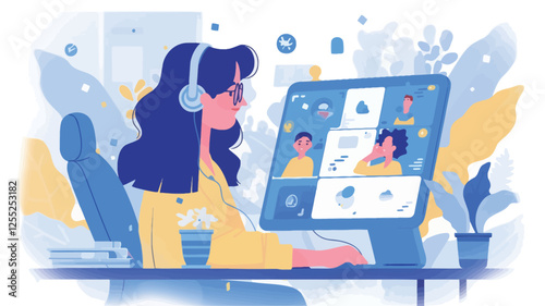 The illustration showcases a stylized depiction of a young woman with long dark hair, wearing glasses and over-ear headphones, seated at a desk. She is engaged with a large computer monitor