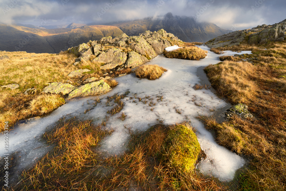 Frozen tarn on winter afternoon with grand view of dramatic Lake District mountains in the background. Frozen tarn on winter afternoon with grand view of dramatic Lake District mountains in the background.