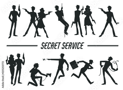 Set of silhouettes of male and female secret service personnel. Man and woman different active poses, hero detectives, spy character hold pistols on ropes. Vector flat isolated crime concept
