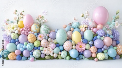 Pastel Easter Egg Arrangement with Flowers on White Textured Background photo