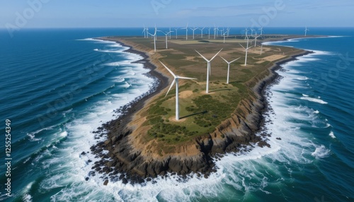 Aerial view of a wind farm along a rugged coastline, showcasing renewable energy production in harmony with nature, ideal for environmental advocacy and energy efficiency projects. photo