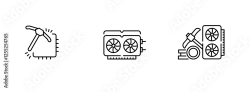 Set of Crypto Mining or Mining farm icon Symbol Outline icon, Editable Stroke