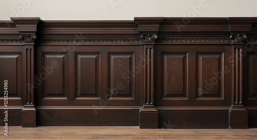 Ornate dark wood paneling with columns and molding details