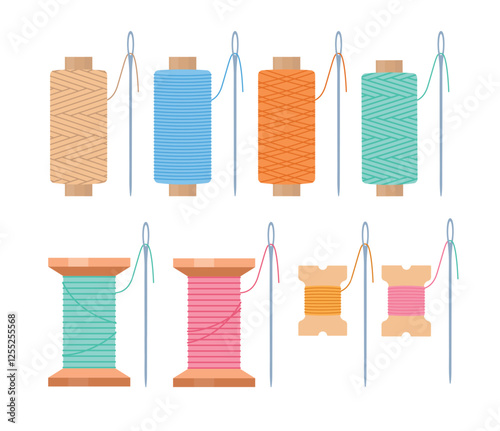 Set different threads and needles. Hobby tailor equipment. Knitting embroidery rolls, knit bobbins, dressmaking elements. Handmade accessory cartoon flat style isolated vector collection