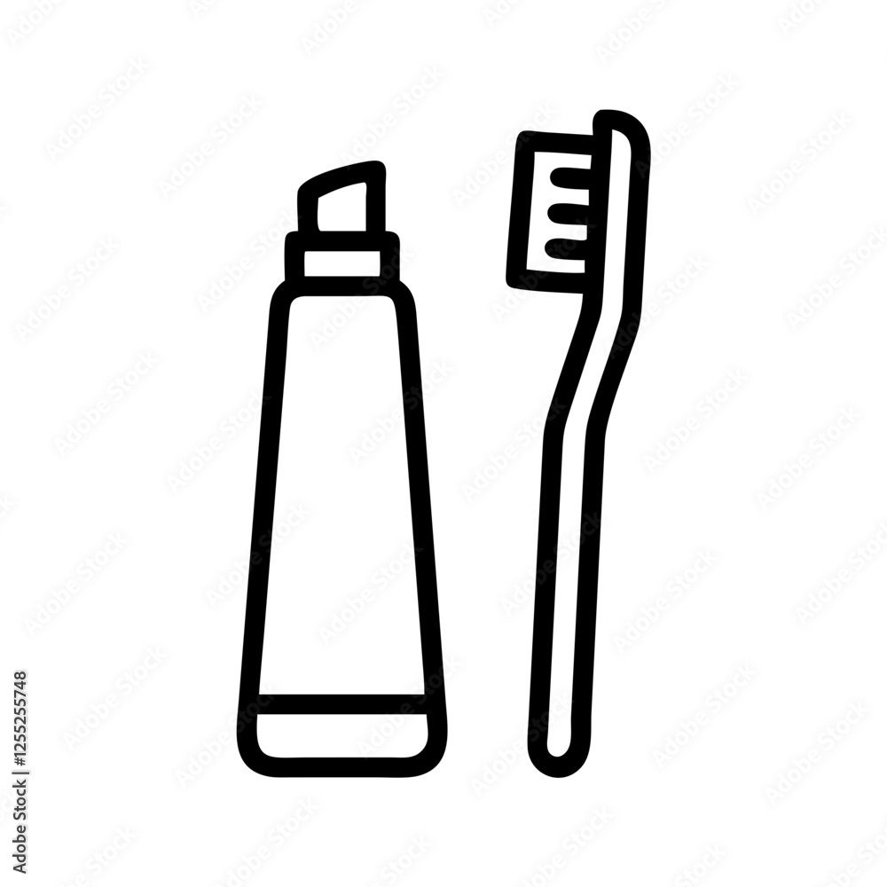 Simple line illustration of a toothpaste tube and toothbrush, minimalist design, black and white, dental hygiene Simple line illustration of a toothpaste tube and toothbrush, minimalist design, black and white, dental hygiene