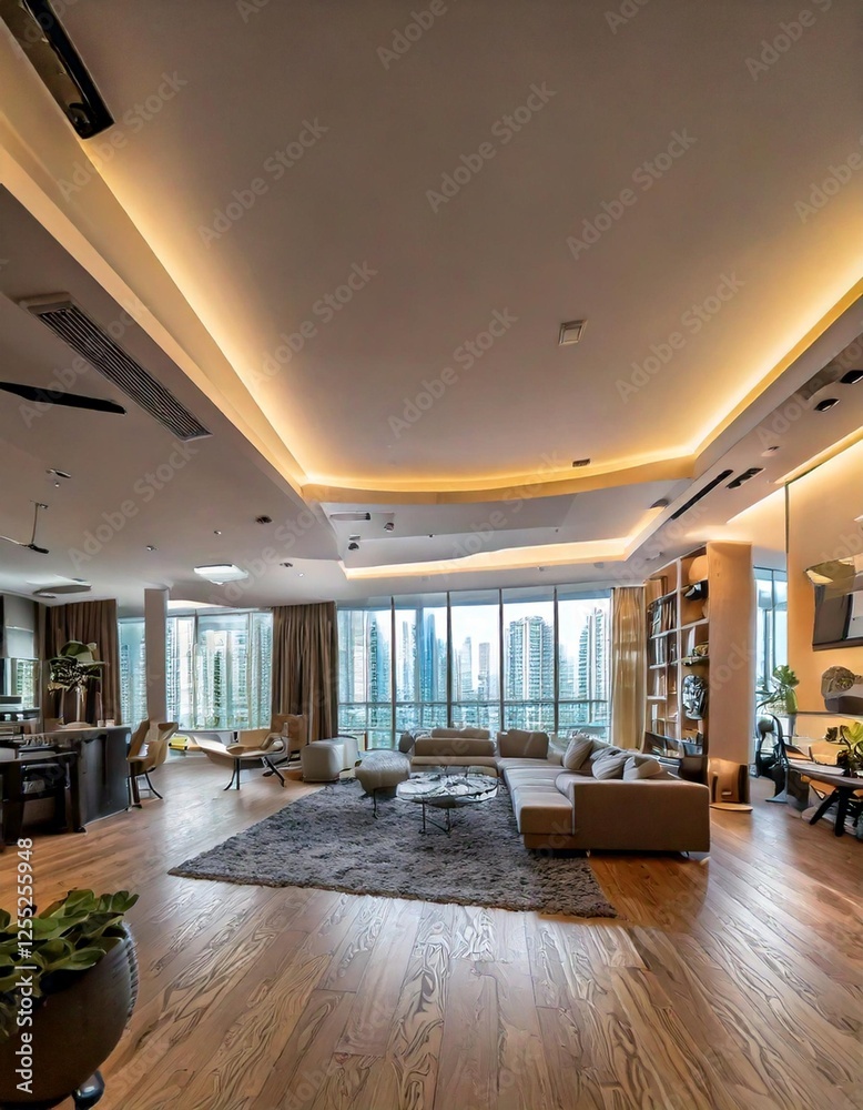 Fototapeta premium A high-rise apartment living room with an open floor plan, neutral color palette, and smart