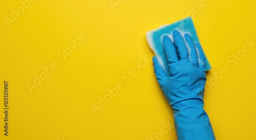 Gloved hand cleaning surface with sponge on bright yellow background photo