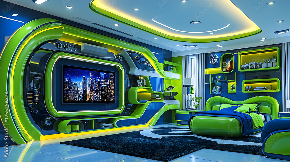 Obraz premium Futuristic kids bedroom design, vibrant green and blue