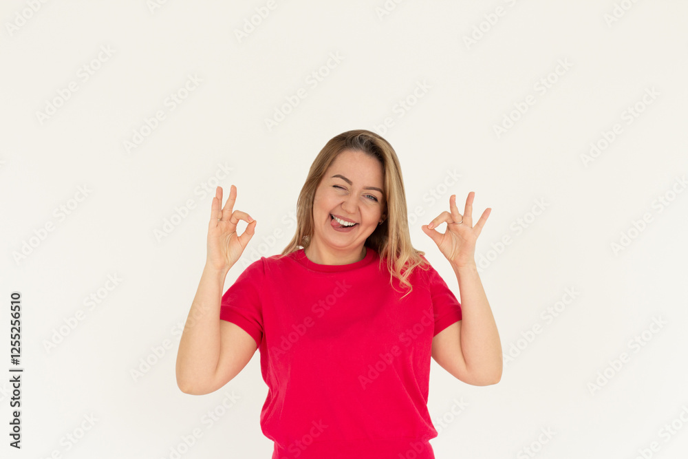 Portrait of pretty positive person two arms fingers make okey symbol isolated on white background Portrait of pretty positive person two arms fingers make okey symbol isolated on white background