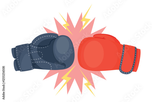 Red and blue glove boxing. Vs, fight or battle. Sport tournament and championship. Professional equipment. Sportswear red leather uniform. Cartoon flat style isolated vector concept