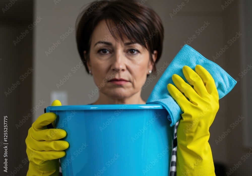Determined woman holding blue cleaning bucket with yellow gloves in home setting Determined woman holding blue cleaning bucket with yellow gloves in home setting