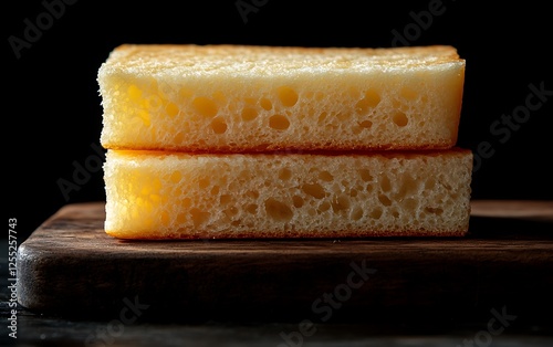 Two slices of light yellow sponge cake on a wooden board photo