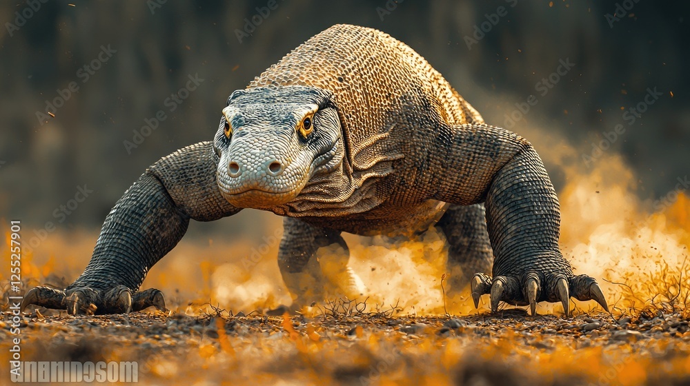 Obraz premium Komodo Dragon Charging Across Dry Ground