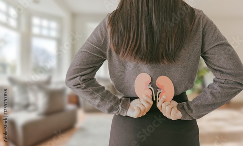 Kidney carcinoma : Agonizing Kidney Pain, Young woman Clutching His Lower Back in Nature, Close-Up Rear View, Medical Concept for Renal Distress. Kidneys pain.