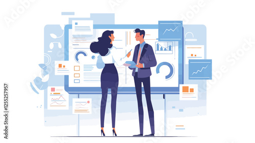 The image is a vector illustration featuring two stylized business professionals, a man and a woman, engaged in a discussion in front of a large digital display showing various charts and graphs. The