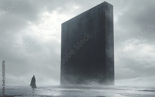 Solitary figure before a colossal rectangular structure in a desolate landscape.  Possible use Sci-fi, futuristic art
