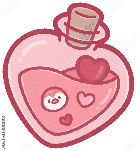 Mini penguin and love potion in a heart-shaped bottle