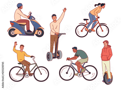 Happy people ride ecological transport. Electric city vehicles, scooters and bicycles, healthy active lifestyle, bike drivers, men and women baking in park cartoon flat isolated vector set