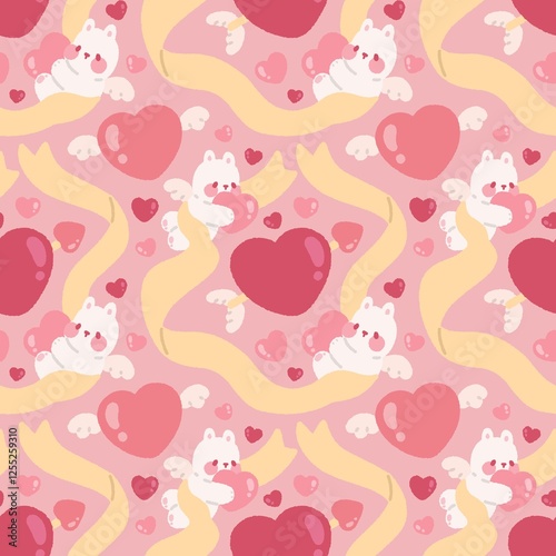 Seamless valentines day pattern with cupid bunny, ribbon, arrow piercing a heart and heart with wings on pink background