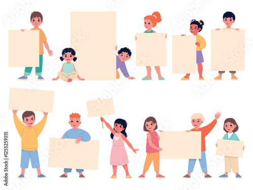 Funny children with blank banners. Cartoon kids hold paper sheets or posters, happy boys and girls showing boards for messages, empty advertising placard, characters with billboard vector set