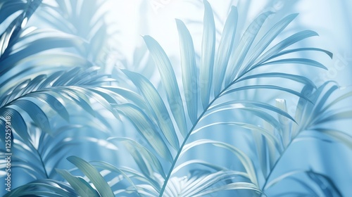 Intricate palm leaves backlit by warm sunlight on soft blue gradient