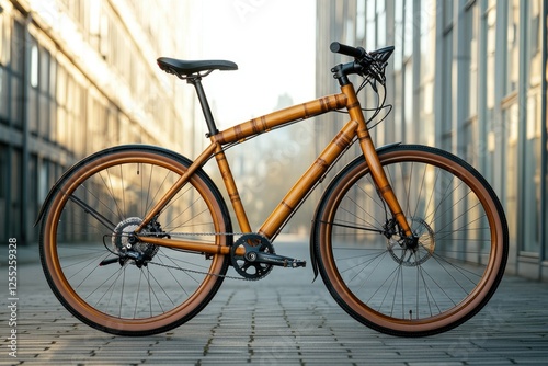 Stylish bamboo bicycle with brown tires parked on a city street, showcasing sustainable urban transport. photo