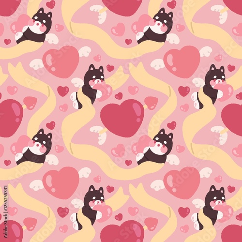 Seamless valentines day pattern with cupid dog, ribbon, arrow piercing a heart and heart with wings on pink background