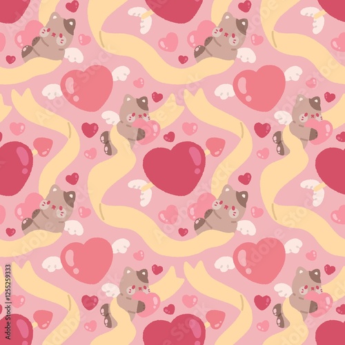 Seamless valentines day pattern with cupid cat, ribbon, arrow piercing a heart and heart with wings on pink background
