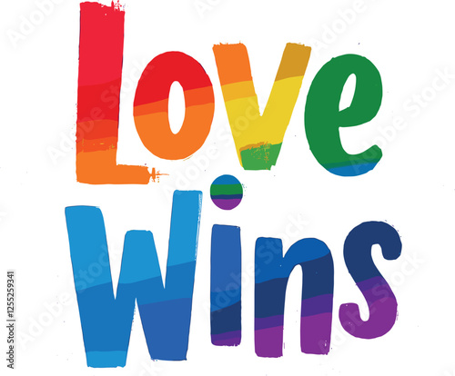 Love wins' bold brush script typography with distressed effect and rainbow color variations for inclusivity