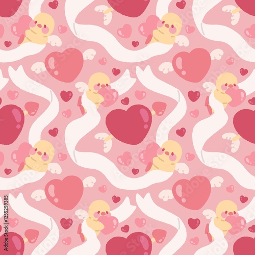 Seamless valentines day pattern with cupid chicken, ribbon, arrow piercing a heart and heart with wings on pink background
