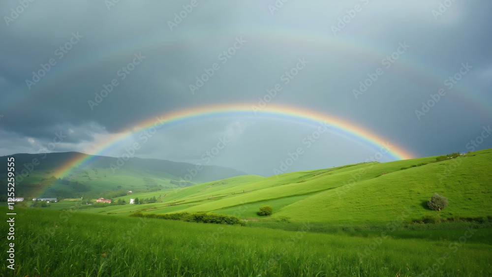 A bright rainbow appearing after a light spring rain, with lush green hills in the background A bright rainbow appearing after a light spring rain, with lush green hills in the background