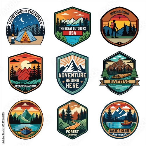 Summer Camp Patch Badge Vector with Summer Beach Nature Label Illustration Bundle