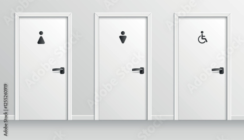 Toilet doors for men, women and disabled persons. Information on lavatory, wc pictogram, label on door. Realistic isolated interior. Hygiene room for male and female, 3d mockup vector concept