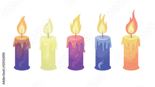 Digital illustration depicting five stylized candles of varying colors. Each candle is cylindrical with a visible wax drip.  The candles are presented against a white background. The flames are