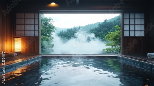 Japanese onsen with mountain vista