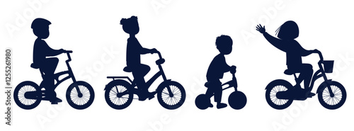 Set silhouettes children on bicycles. Happy kids transport logo or badge design, little cyclists side view. Boys and girls riding cycle or tricycle. Vector cartoon flat isolated illustration