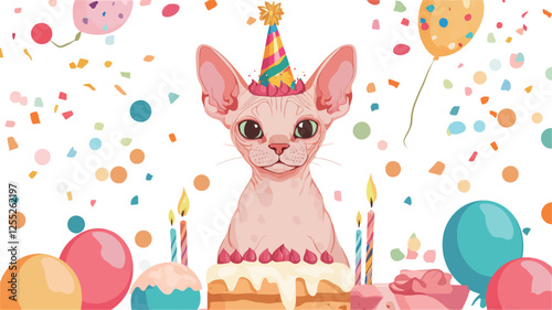 A digital watercolor illustration depicting a Sphynx cat wearing a party hat and sitting in front of a birthday cake.  The background features pastel-colored balloons, confetti, and additional cake