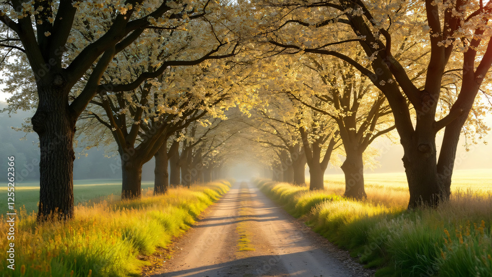 A picturesque country road lined with blossoming trees, bathed in soft golden sunlight A picturesque country road lined with blossoming trees, bathed in soft golden sunlight